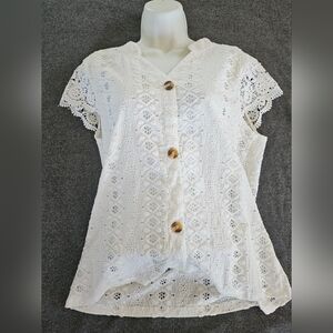 White Lace Button-Front Women’s Top